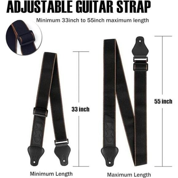 Guitar Strap Black Cotton Adjustable PU Leather Ends Picks Locks Buttons Set - Picture 3 of 7